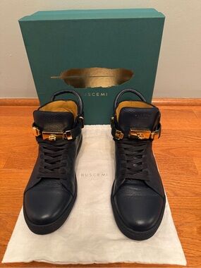 Buscemi Men's Blue Leather High-Top Sneakers with Gold Hardware